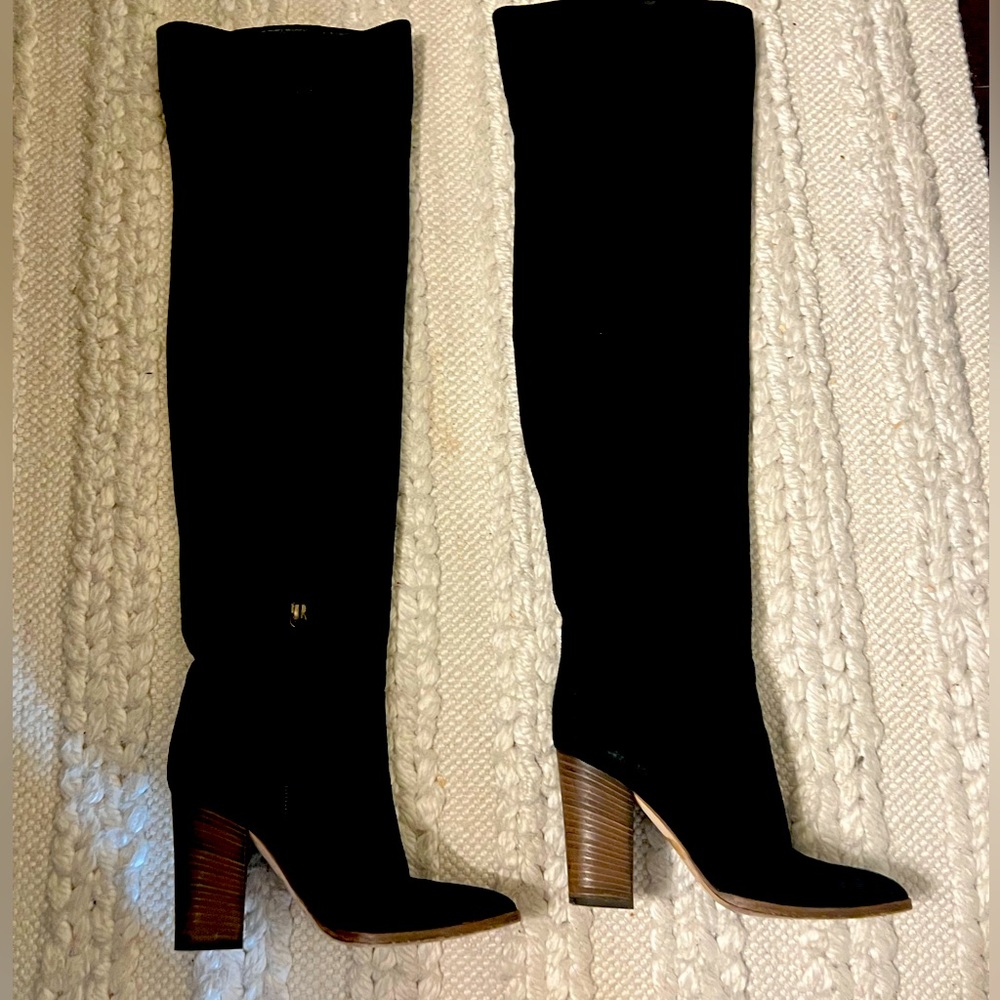 Club Monaco Black Over-the-Knee Boots with Brown Stacked Heel
